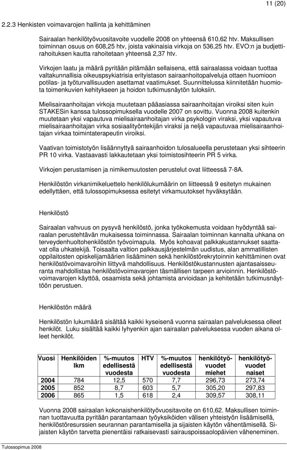 Virkojen laatu ja määrä pyritään pitämään sellaisena, että sairaalassa voidaan tuottaa valtakunnallisia oikeuspsykiatrisia erityistason sairaanhoitopalveluja ottaen huomioon potilas- ja