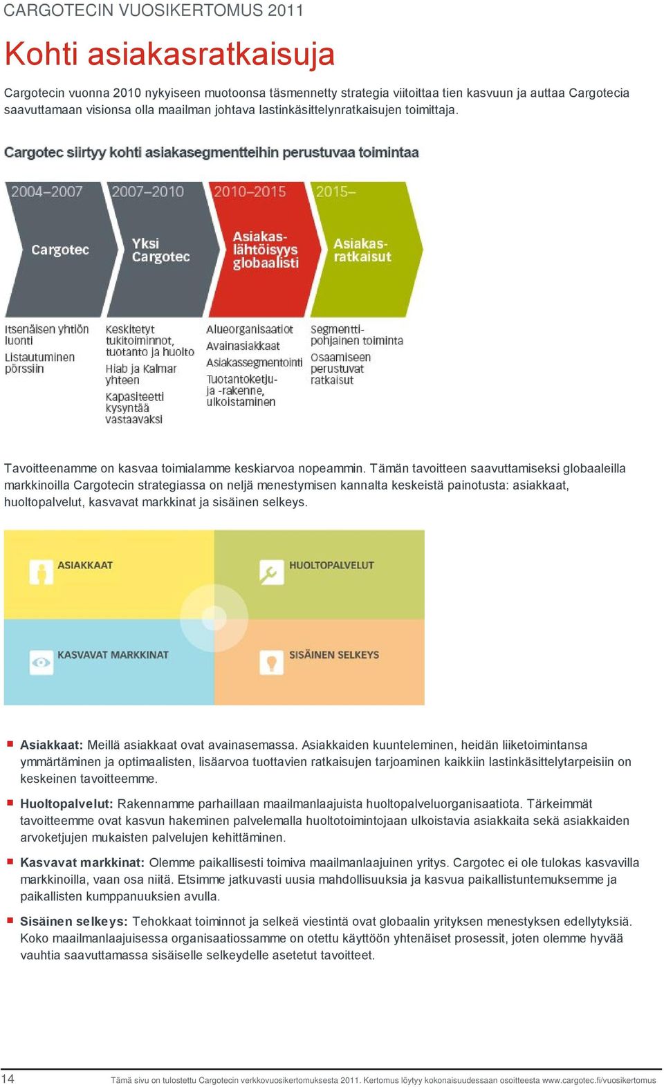Tämän tavoitteen saavuttamiseksi globaaleilla markkinoilla Cargotecin strategiassa on neljä menestymisen kannalta keskeistä painotusta: asiakkaat, huoltopalvelut, kasvavat markkinat ja sisäinen