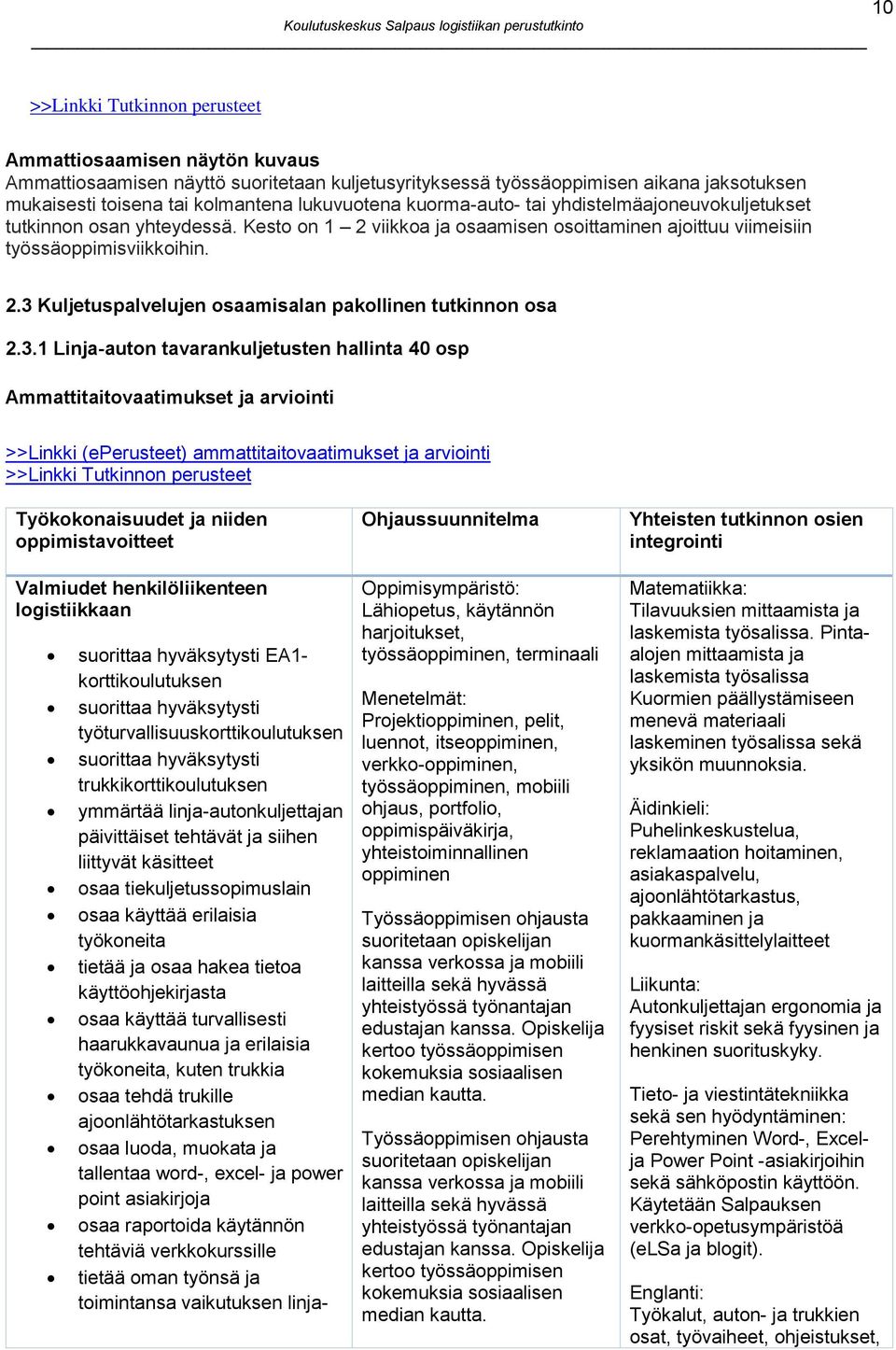 3.1 Linja-auton tavarankuljetusten hallinta 40 osp Ammattitaitovaatimukset ja arviointi >>Linkki (eperusteet) ammattitaitovaatimukset ja arviointi Työkokonaisuudet ja niiden oppimistavoitteet