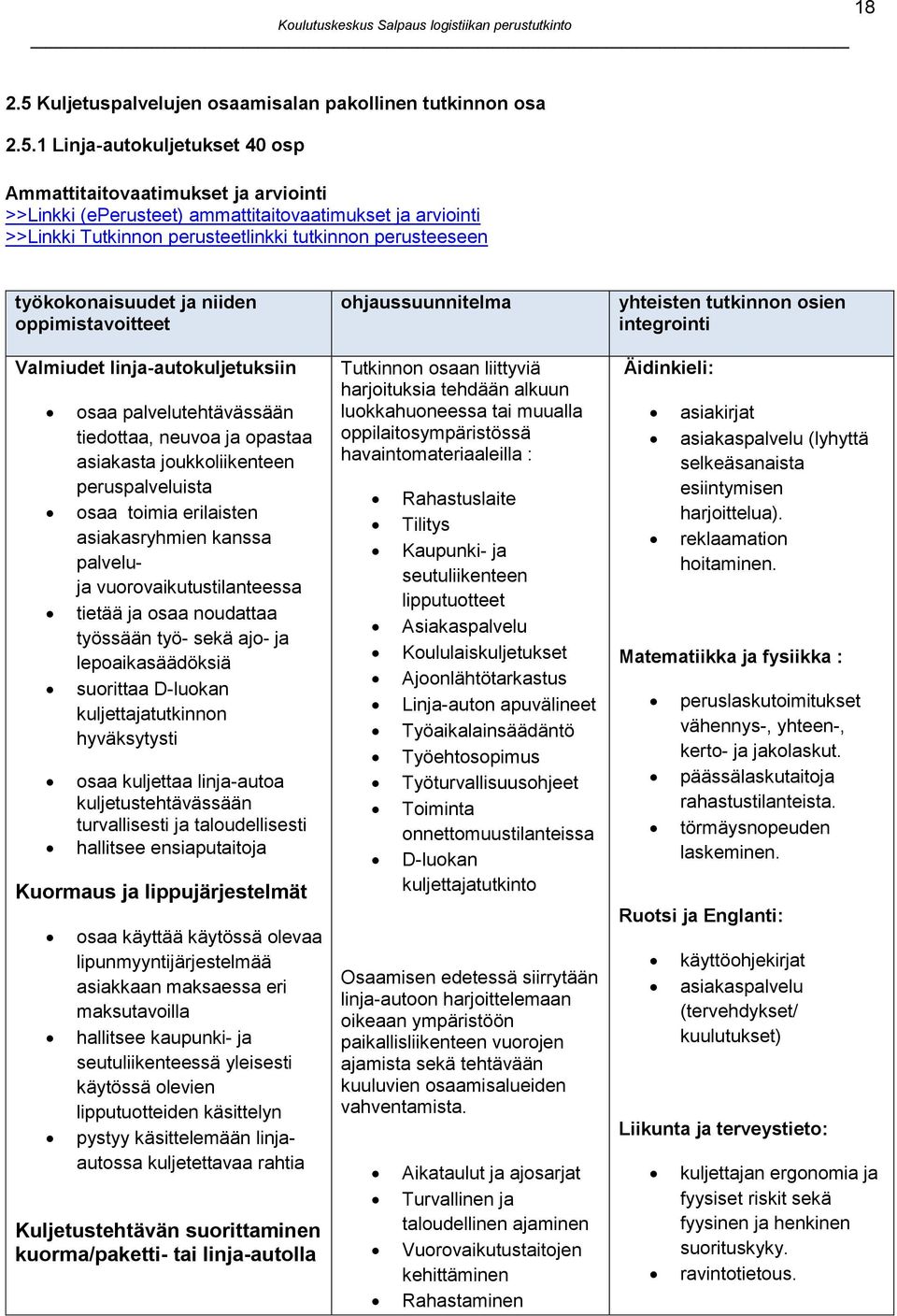 1 Linja-autokuljetukset 40 osp Ammattitaitovaatimukset ja arviointi >>Linkki (eperusteet) ammattitaitovaatimukset ja arviointi linkki tutkinnon perusteeseen työkokonaisuudet ja niiden