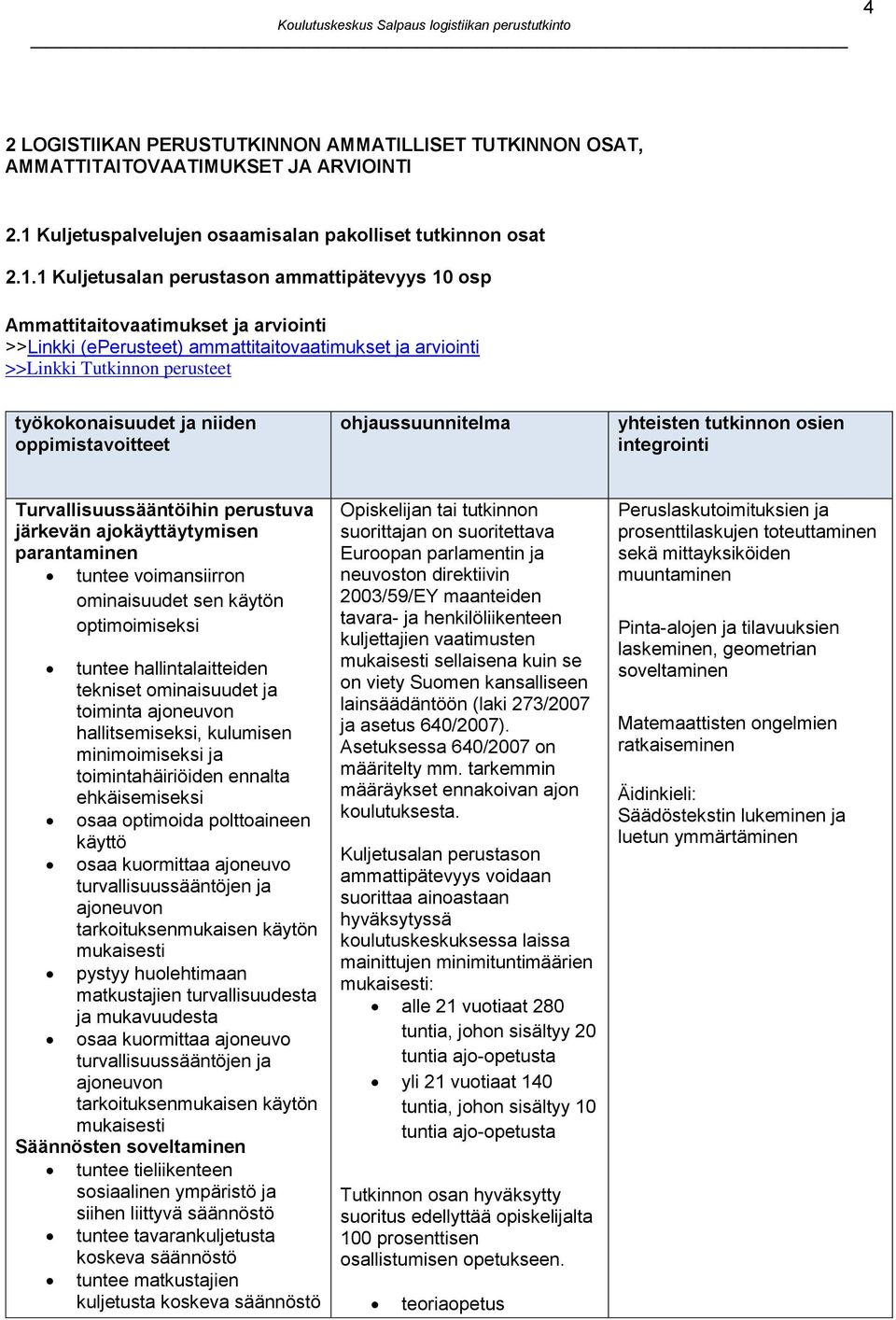 1 Kuljetusalan perustason ammattipätevyys 10 osp Ammattitaitovaatimukset ja arviointi >>Linkki (eperusteet) ammattitaitovaatimukset ja arviointi työkokonaisuudet ja niiden oppimistavoitteet