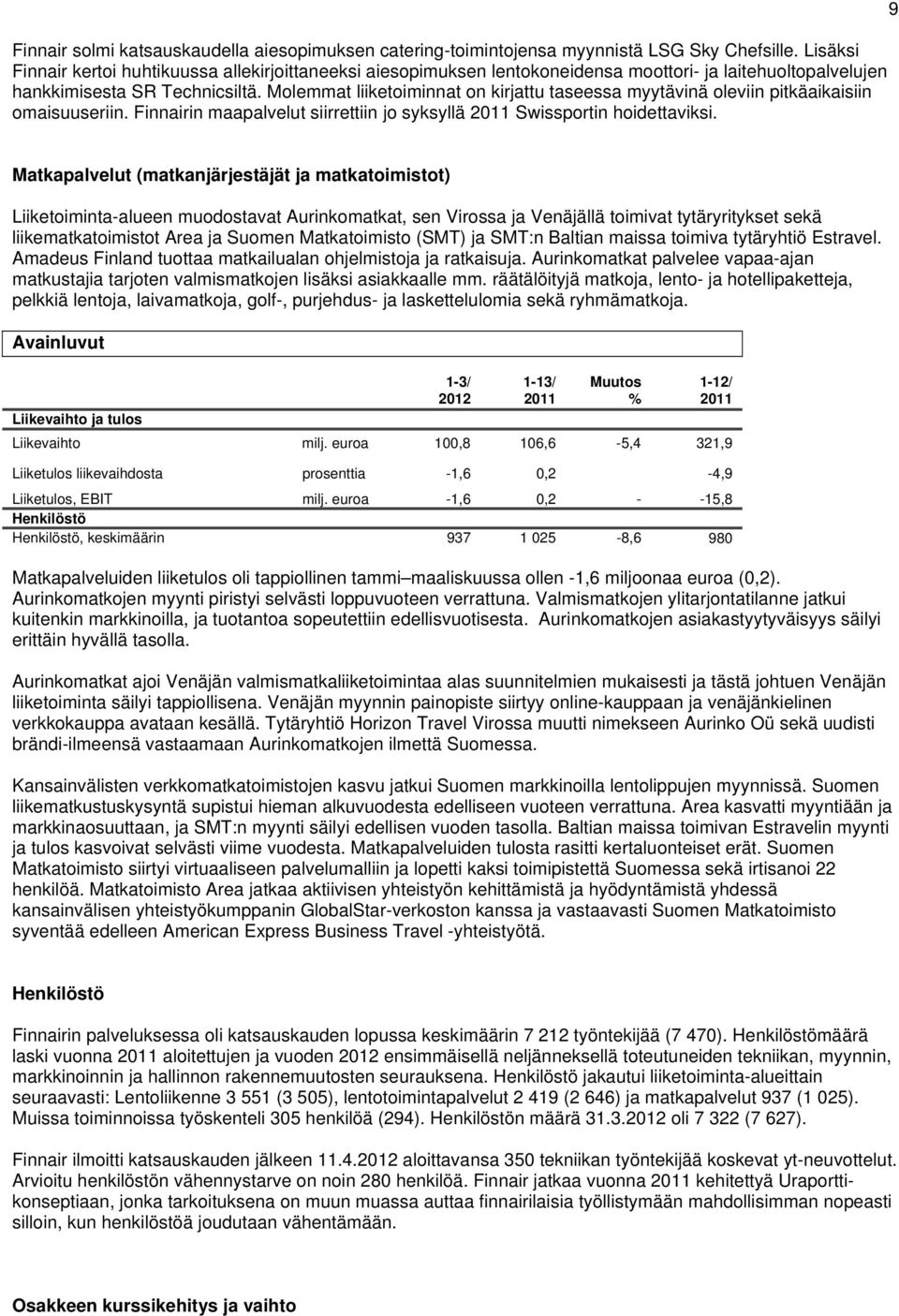 Molemmat liiketoiminnat on kirjattu taseessa myytävinä oleviin pitkäaikaisiin omaisuuseriin. Finnairin maapalvelut siirrettiin jo syksyllä 2011 Swissportin hoidettaviksi.