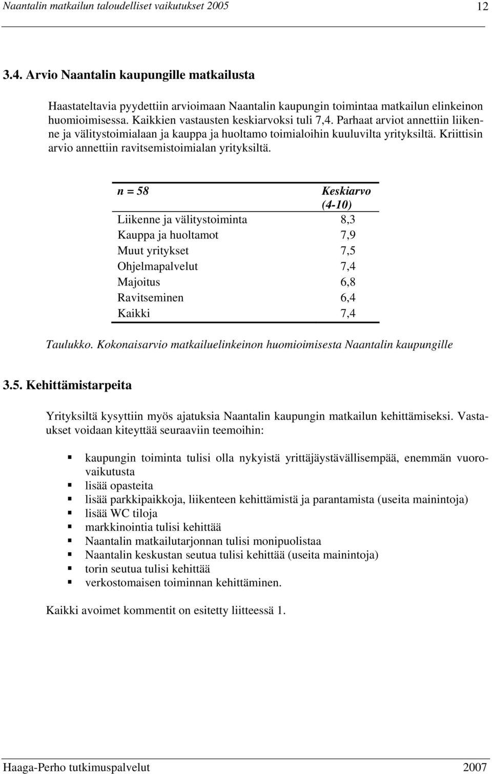 n = 58 Keskiarvo (4-10) Liikenne ja välitystoiminta 8,3 Kauppa ja huoltamot 7,9 Muut yritykset 7,5 Ohjelmapalvelut 7,4 Majoitus 6,8 Ravitseminen 6,4 Kaikki 7,4 Taulukko.