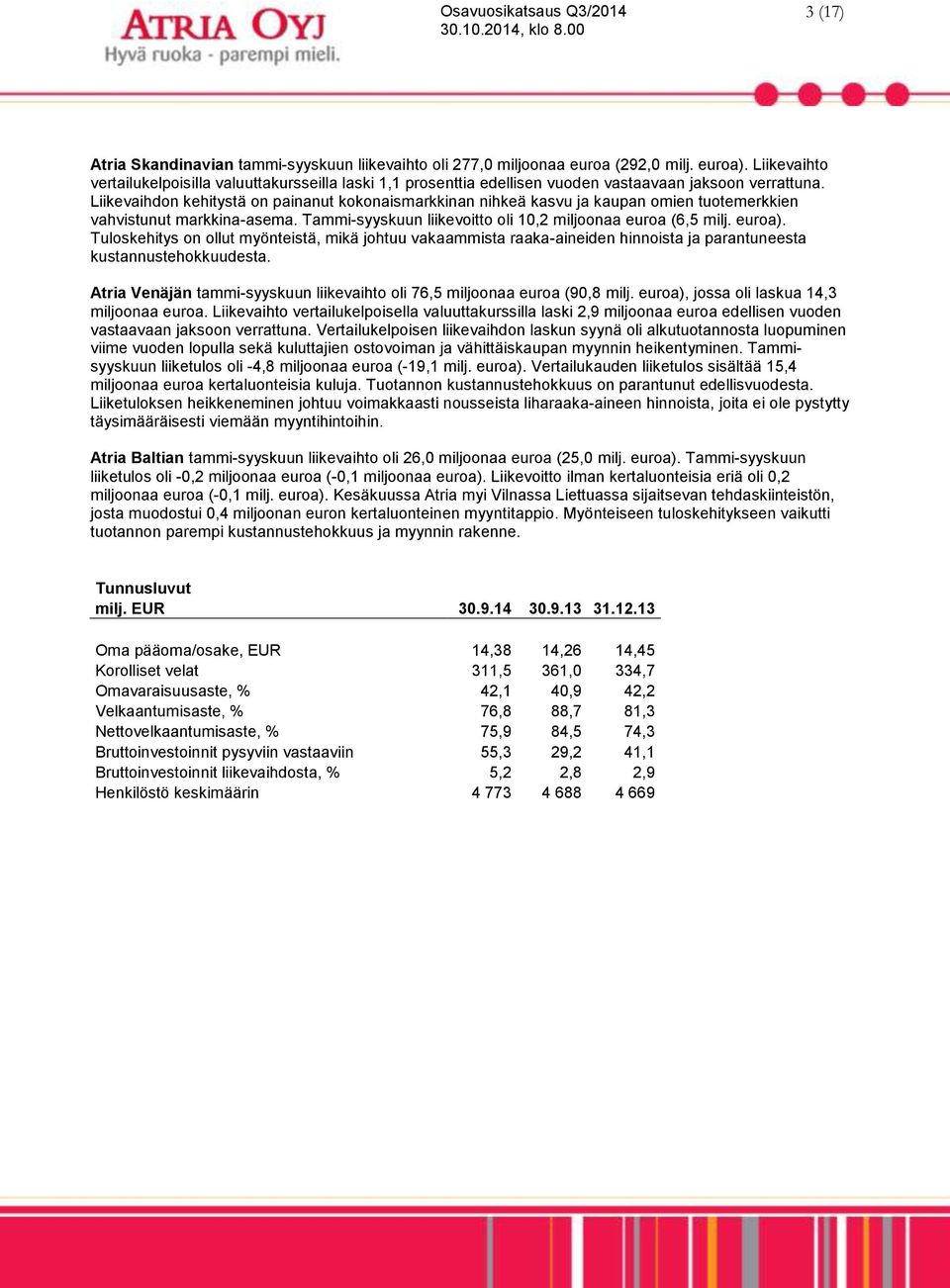 Liikevaihdon kehitystä on painanut kokonaismarkkinan nihkeä kasvu ja kaupan omien tuotemerkkien vahvistunut markkina-asema. Tammi-syyskuun liikevoitto oli 10,2 miljoonaa euroa (6,5 milj. euroa).