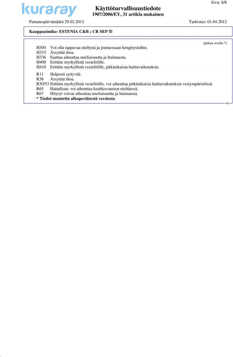 R38 Ärsyttää ihoa. R50/53 Erittäin myrkyllistä vesieliöille, voi aiheuttaa pitkäaikaisia haittavaikutuksia vesiympäristössä.