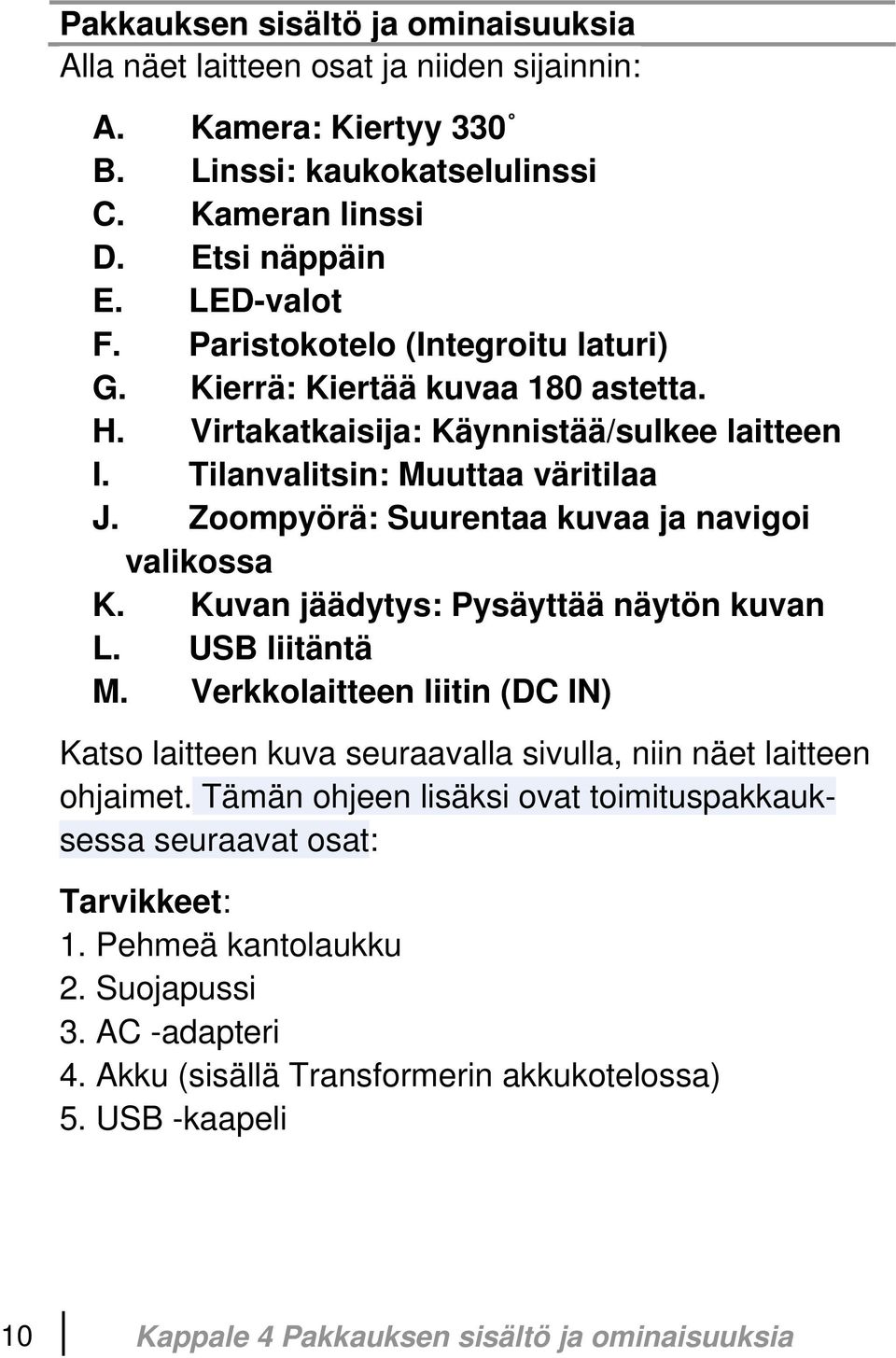 Zoompyörä: Suurentaa kuvaa ja navigoi valikossa K. Kuvan jäädytys: Pysäyttää näytön kuvan L. USB liitäntä M.