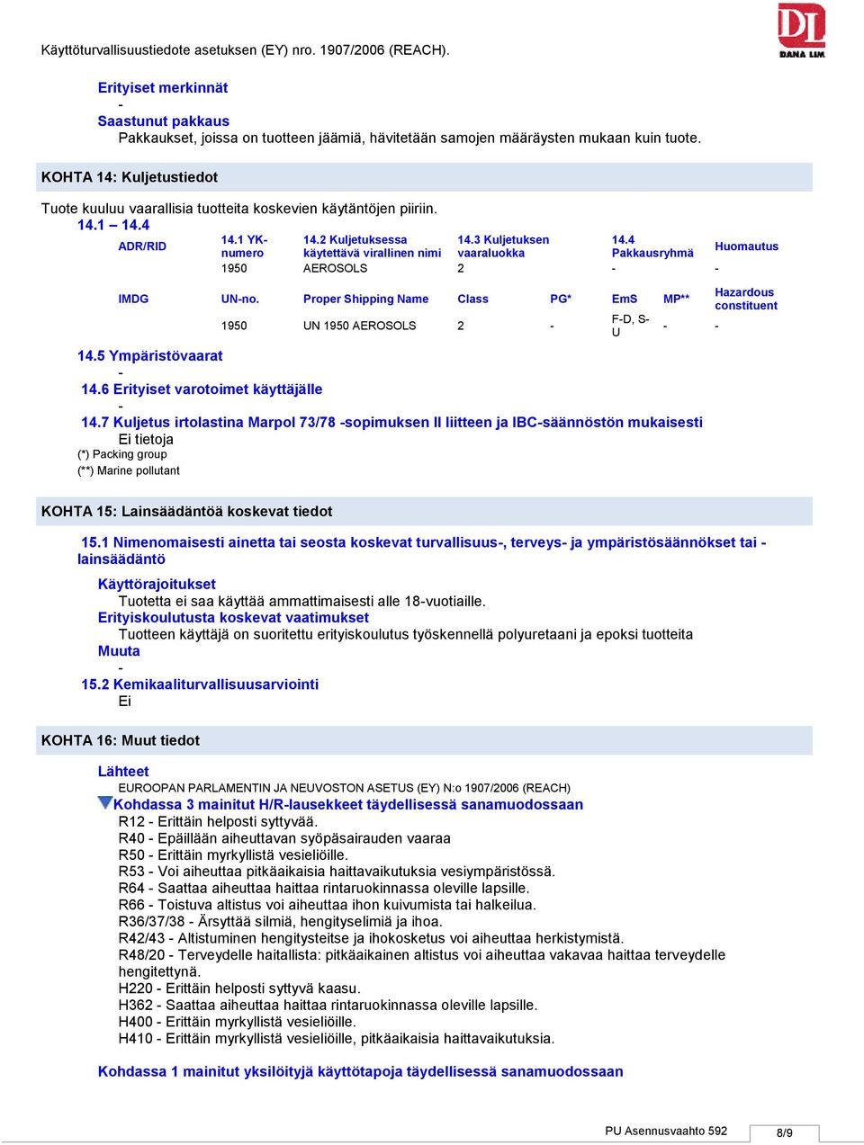3 Kuljetuksen 14.4 ADR/RID Huomautus 1950 AEROSOLS 2 IMDG UNno. Proper Shipping Name Class PG* EmS MP** 1950 UN 1950 AEROSOLS 2 FD, S U 14.5 Ympäristövaarat 14.6 Erityiset varotoimet käyttäjälle 14.