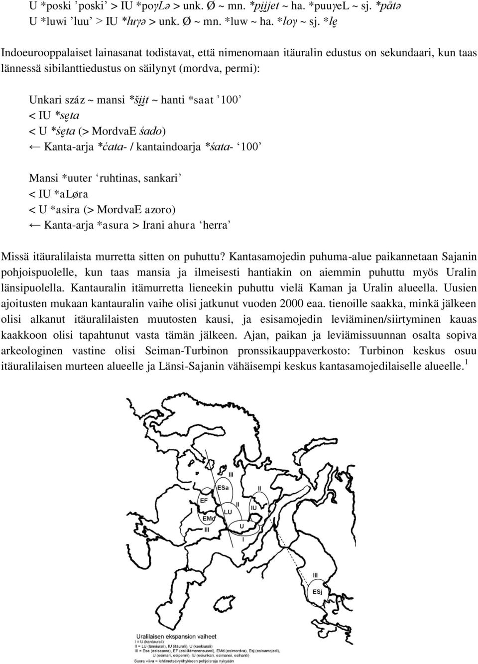 *saat 100 < IU *se t < U *śe t (> MordvaE ś do) Kanta-arja *ć t - / kantaindoarja *ś t - 100 Mansi *uuter ruhtinas, sankari < IU *aløra < U *asira (> MordvaE azoro) Kanta-arja *asura > Irani ahura