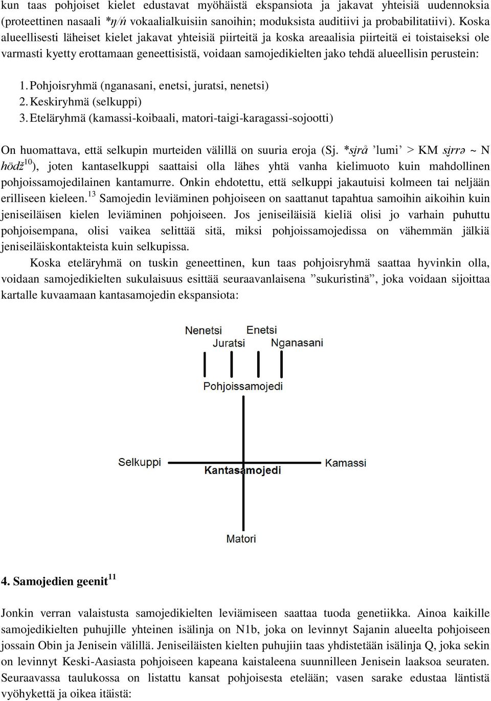 alueellisin perustein: 1. Pohjoisryhmä (nganasani, enetsi, juratsi, nenetsi) 2. Keskiryhmä (selkuppi) 3.