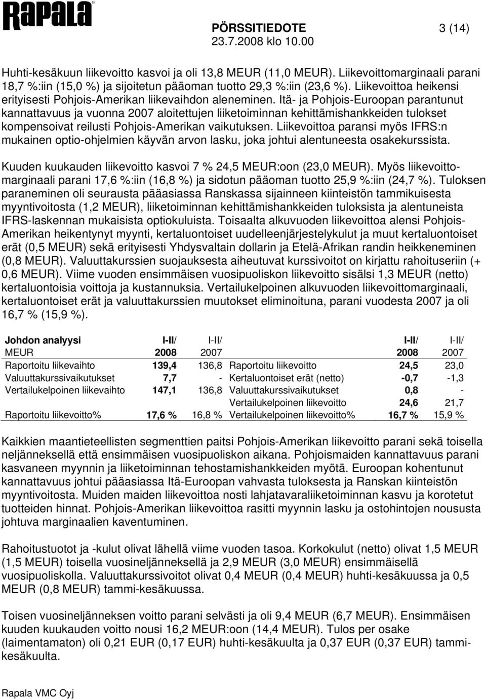 Itä- ja Pohjois-Euroopan parantunut kannattavuus ja vuonna 2007 aloitettujen liiketoiminnan kehittämishankkeiden tulokset kompensoivat reilusti Pohjois-Amerikan vaikutuksen.