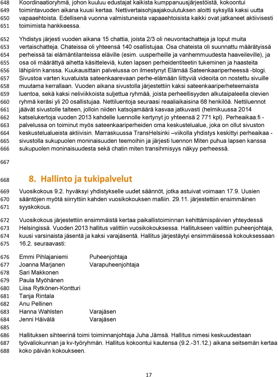 Yhdistys järjesti vuoden aikana 15 chattia, joista 2/3 oli neuvontachatteja ja loput muita vertaischatteja. Chateissa oli yhteensä 140 osallistujaa.