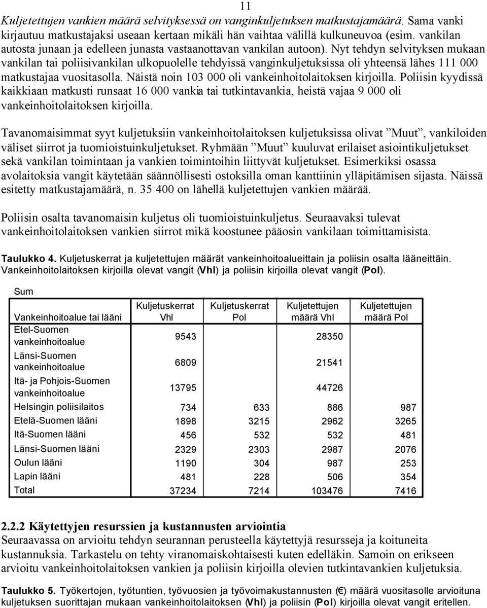 Nyt tehdyn selvityksen mukaan vankilan tai poliisivankilan ulkopuolelle tehdyissä vanginkuljetuksissa oli yhteensä lähes 111 000 matkustajaa vuositasolla.