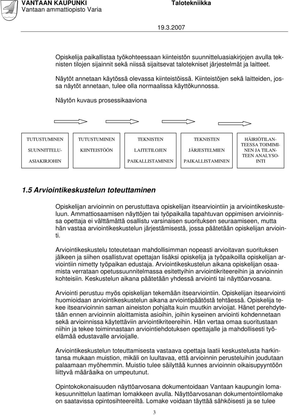 Näytön kuvaus prosessikaaviona TUTUSTUMINEN SUUNNITTELU- ASIAKIRJOHIN TUTUSTUMINEN KIINTEISTÖÖN TEKNISTEN LAITETILOJEN PAIKALLISTAMINEN TEKNISTEN JÄRJESTELMIEN PAIKALLISTAMINEN HÄIRIÖTILAN- TEESSA