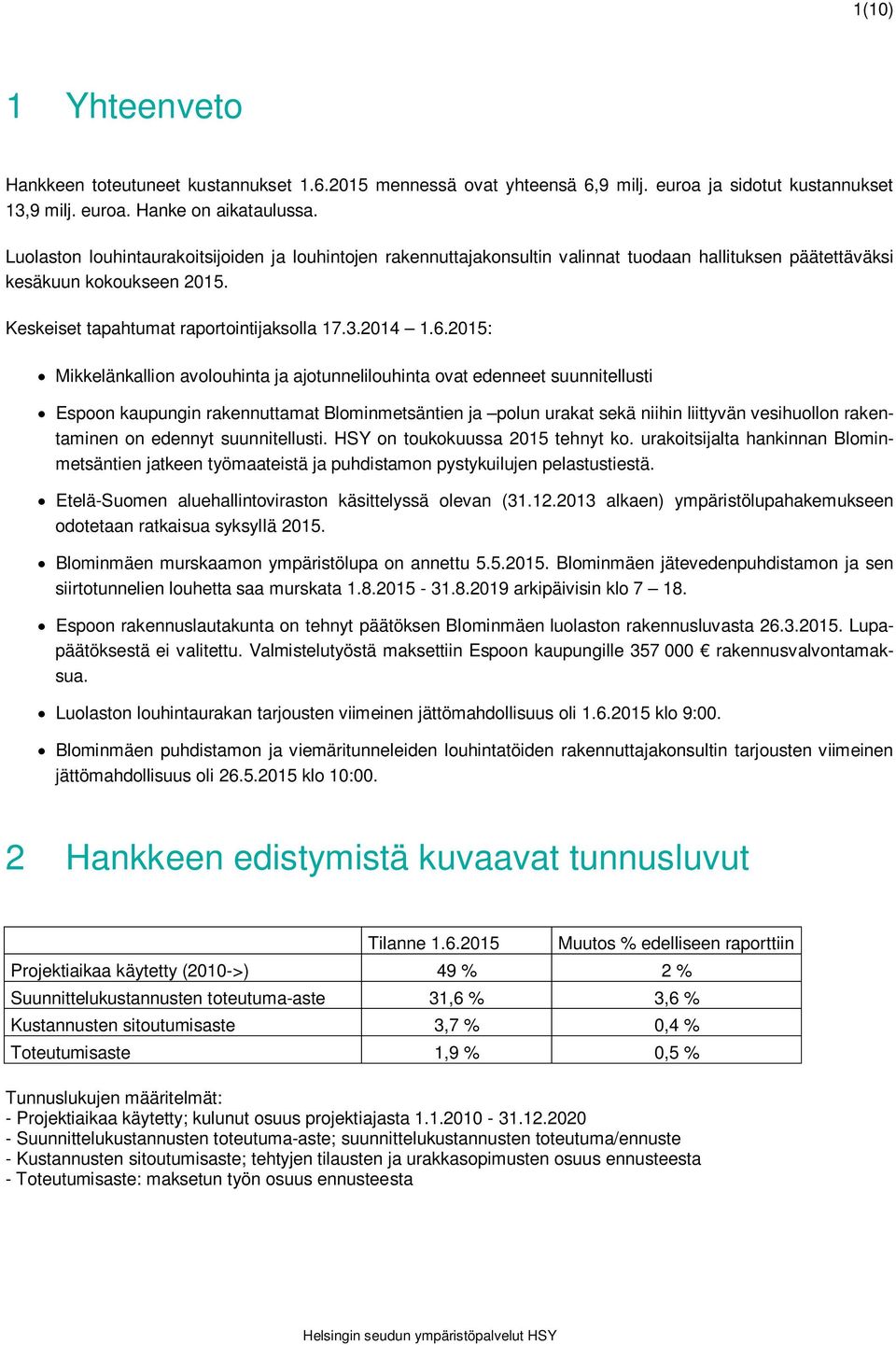 2015: Mikkelänkallion avolouhinta ja ajotunnelilouhinta ovat edenneet suunnitellusti Espoon kaupungin rakennuttamat Blominmetsäntien ja polun urakat sekä niihin liittyvän vesihuollon rakentaminen on