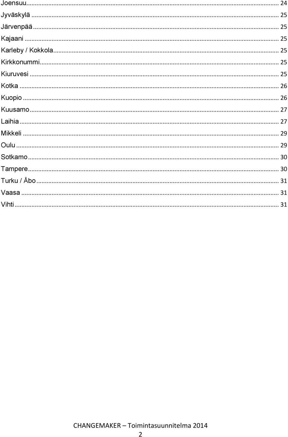 .. 25 Kotka... 26 Kuopio... 26 Kuusamo... 27 Laihia... 27 Mikkeli.