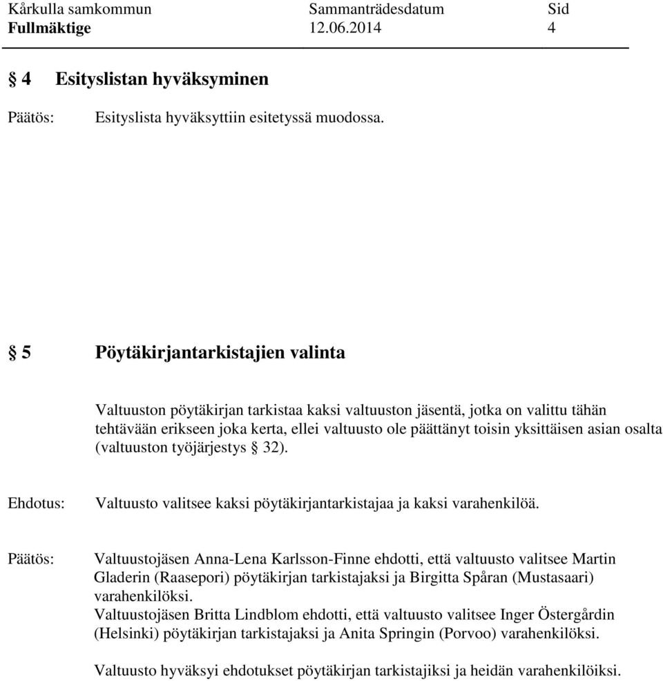 asian osalta (valtuuston työjärjestys 32). Ehdotus: Valtuusto valitsee kaksi pöytäkirjantarkistajaa ja kaksi varahenkilöä.