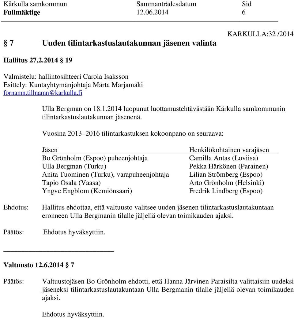 Vuosina 2013 2016 tilintarkastuksen kokoonpano on seuraava: Jäsen Bo Grönholm (Espoo) puheenjohtaja Ulla Bergman (Turku) Anita Tuominen (Turku), varapuheenjohtaja Tapio Osala (Vaasa) Yngve Engblom