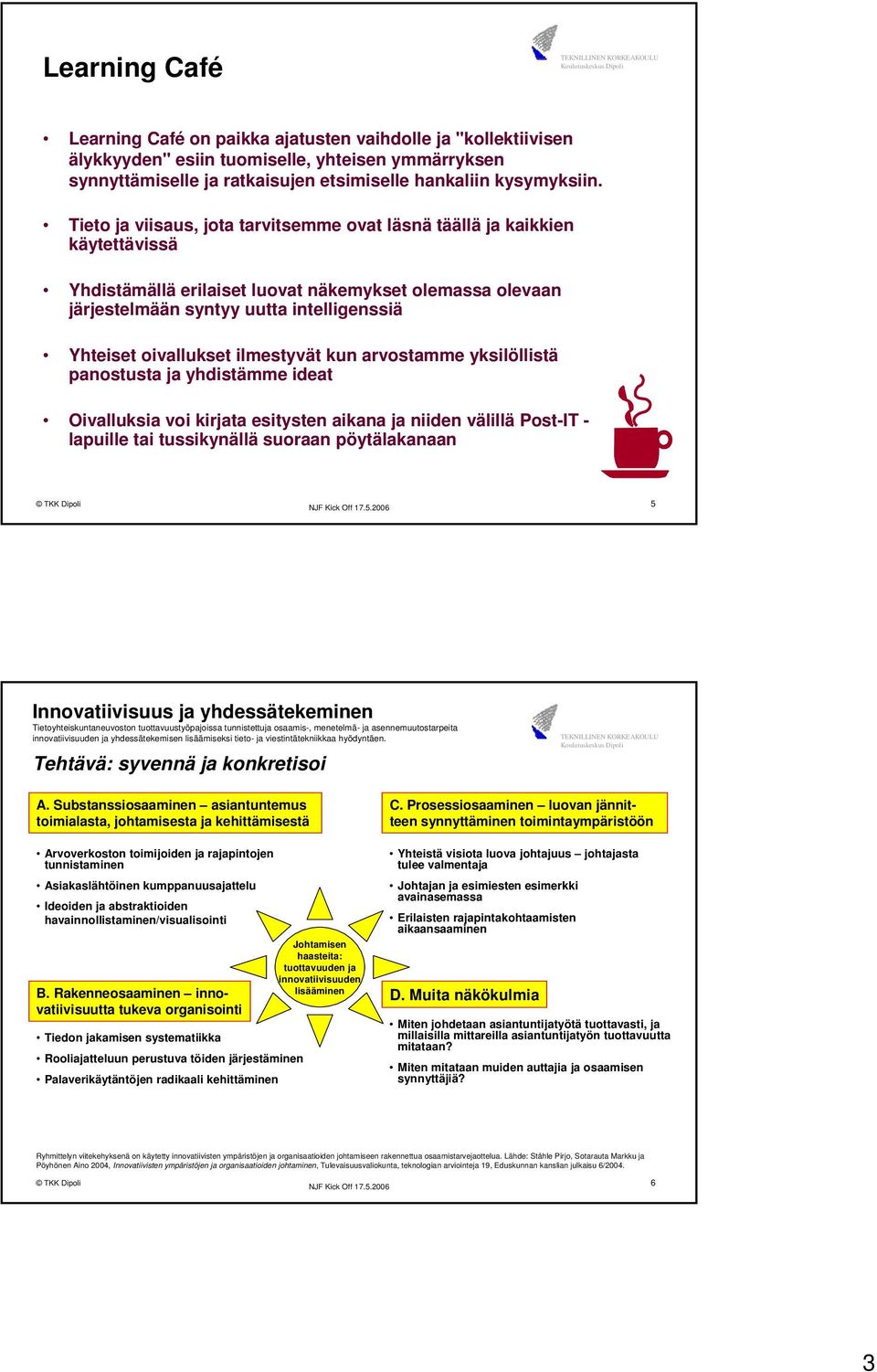 ilmestyvät kun arvostamme yksilöllistä panostusta ja yhdistämme ideat Oivalluksia voi kirjata esitysten aikana ja niiden välillä Post-IT - lapuille tai tussikynällä suoraan pöytälakanaan 5