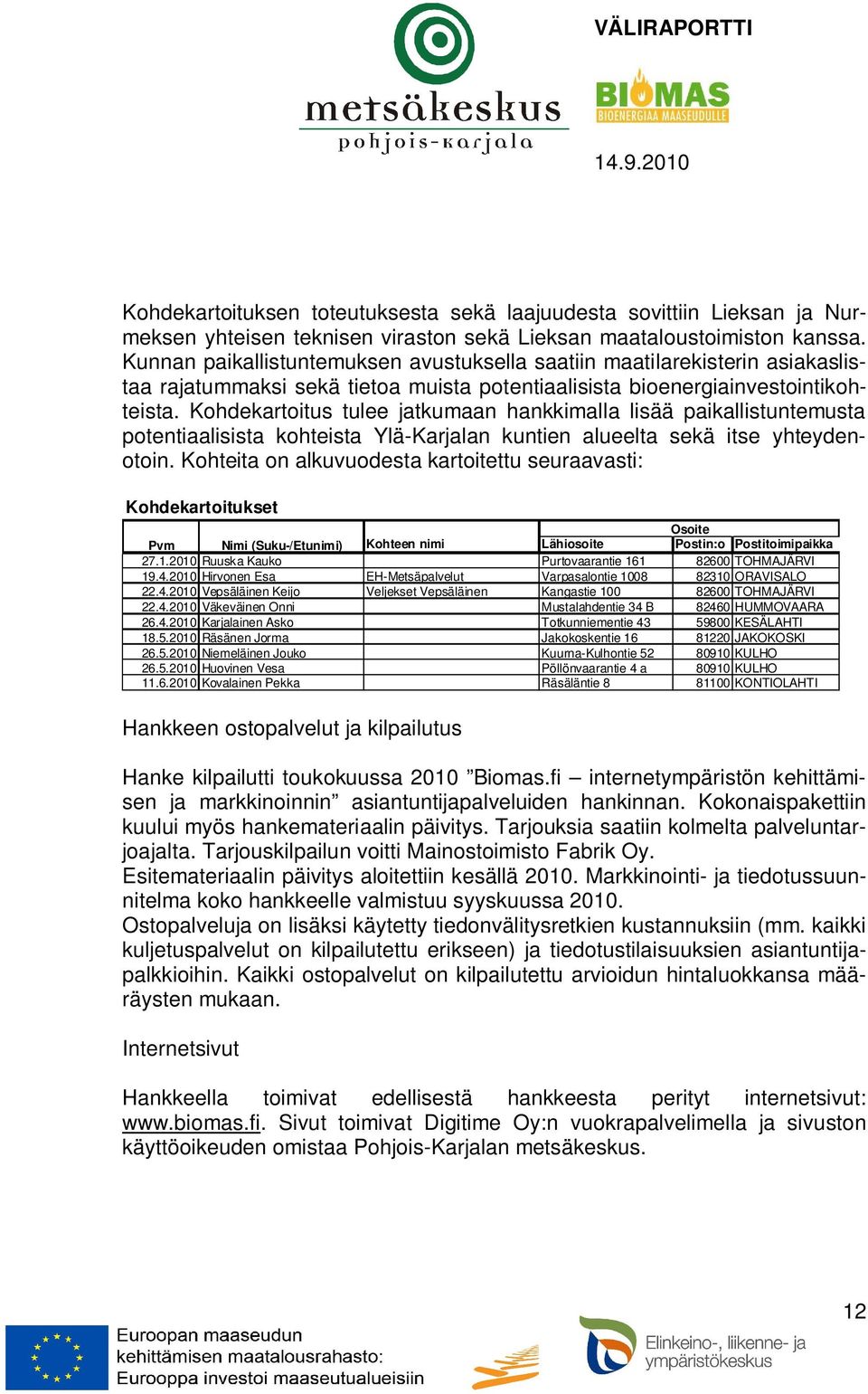 Kohdekartoitus tulee jatkumaan hankkimalla lisää paikallistuntemusta potentiaalisista kohteista Ylä-Karjalan kuntien alueelta sekä itse yhteydenotoin.