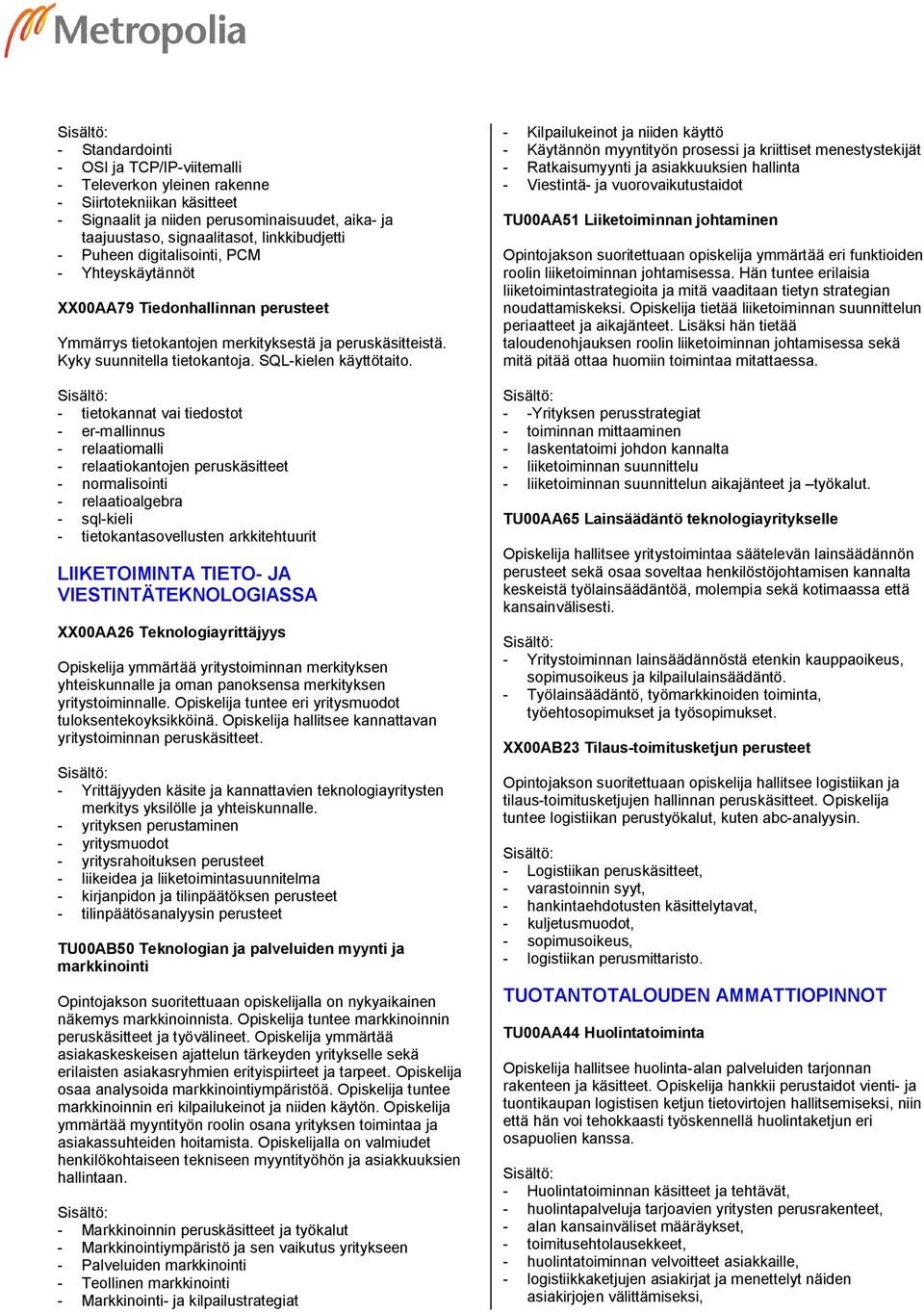 - tietokannat vai tiedostot - er-mallinnus - relaatiomalli - relaatiokantojen peruskäsitteet - normalisointi - relaatioalgebra - sql-kieli - tietokantasovellusten arkkitehtuurit LIIKETOIMINTA TIETO-