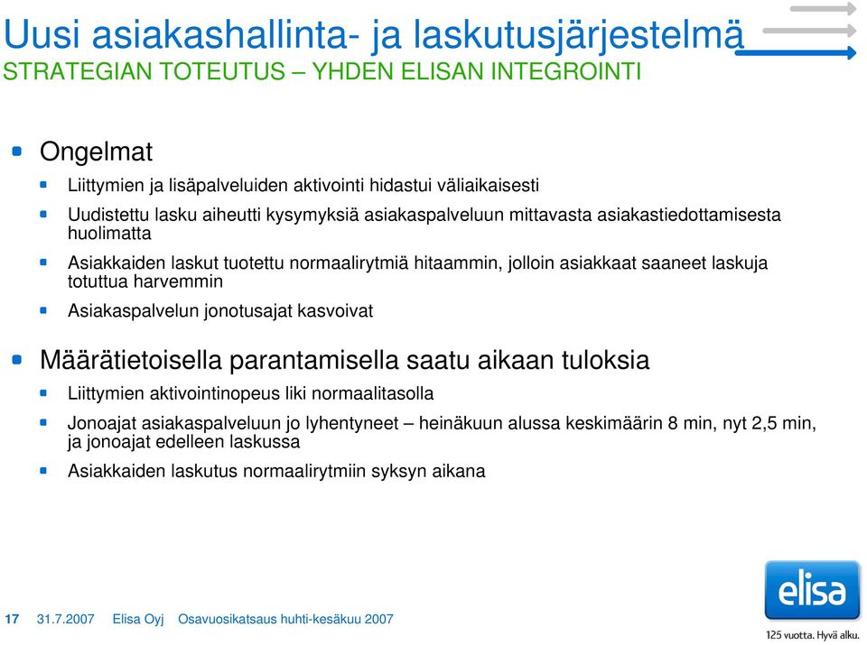 harvemmin Asiakaspalvelun jonotusajat kasvoivat Määrätietoisella parantamisella saatu aikaan tuloksia Liittymien aktivointinopeus liki normaalitasolla Jonoajat asiakaspalveluun jo