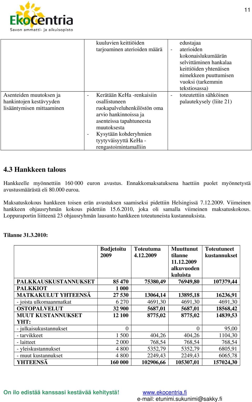 keittiöiden yhtenäisen nimekkeen puuttumisen vuoksi (tarkemmin tekstiosassa) - toteutettiin sähköinen palautekysely (liite 21) 4.3 Hankkeen talous Hankkeelle myönnettiin 160 000 euron avustus.