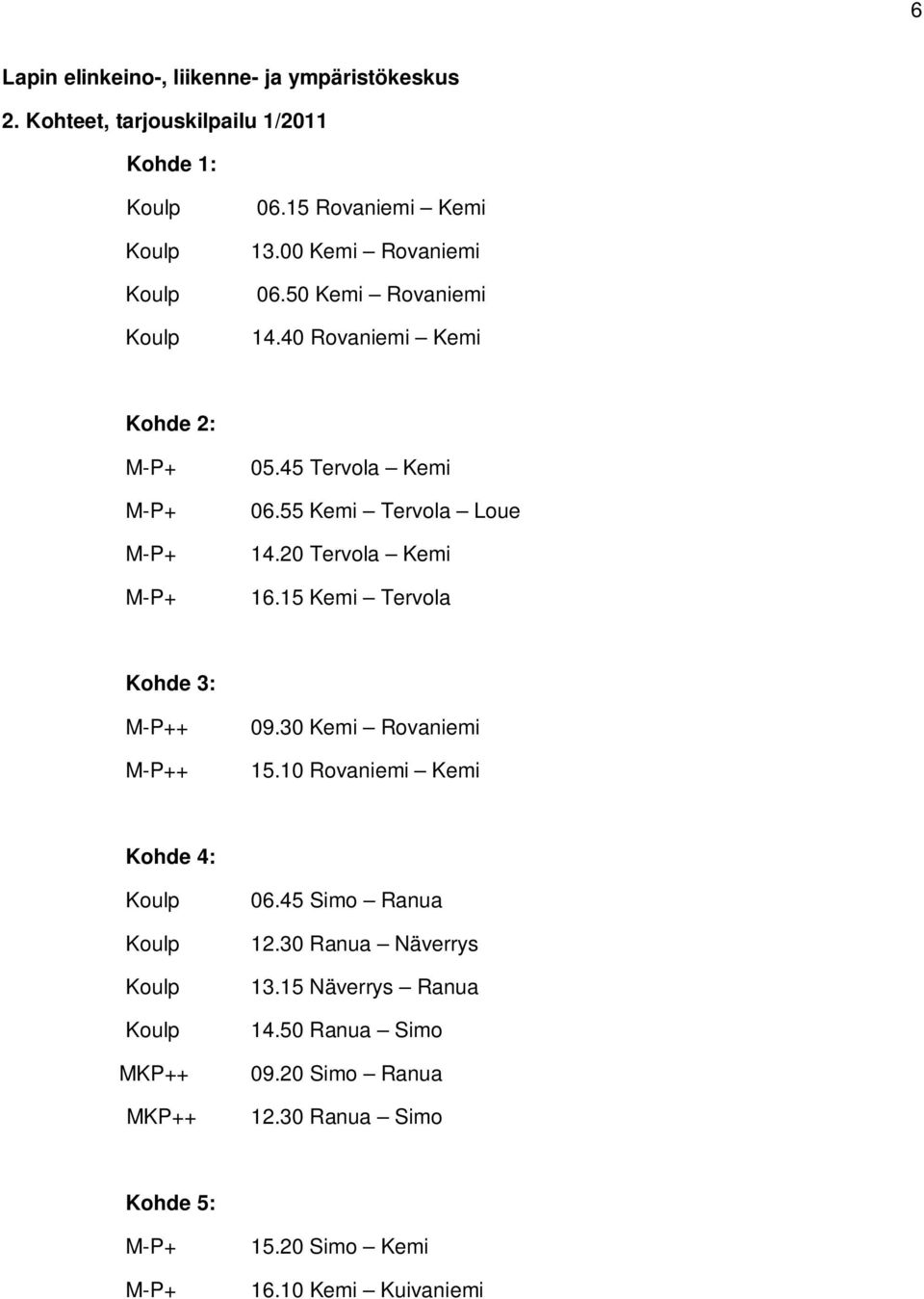 20 Tervola Kemi 16.15 Kemi Tervola Kohde 3: + + 09.30 Kemi Rovaniemi 15.10 Rovaniemi Kemi Kohde 4: MKP++ MKP++ 06.