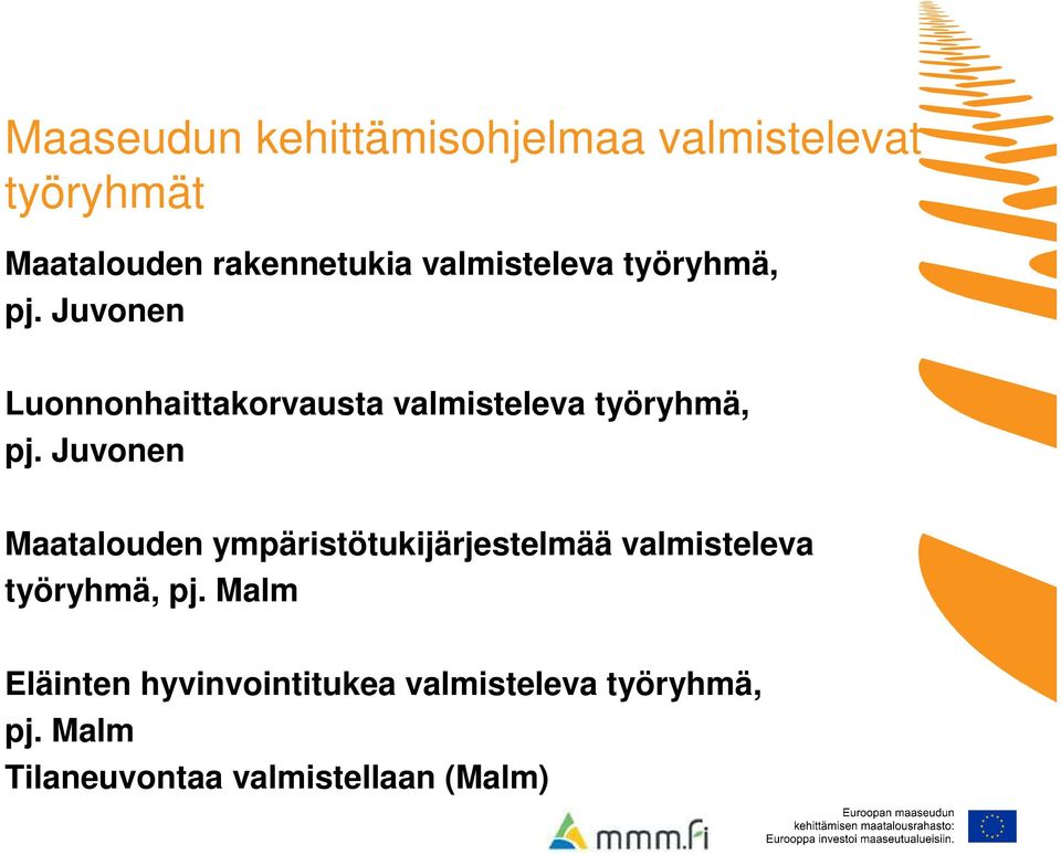 Juvonen Maatalouden ympäristötukijärjestelmää valmisteleva työryhmä, pj.