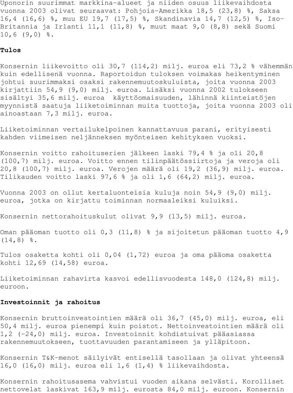 Raportoidun tuloksen voimakas heikentyminen johtui suurimmaksi osaksi rakennemuutoskuluista, joita vuonna 2003 kirjattiin 54,9 (9,0) milj. euroa. Lisäksi vuonna 2002 tulokseen sisältyi 35,6 milj.