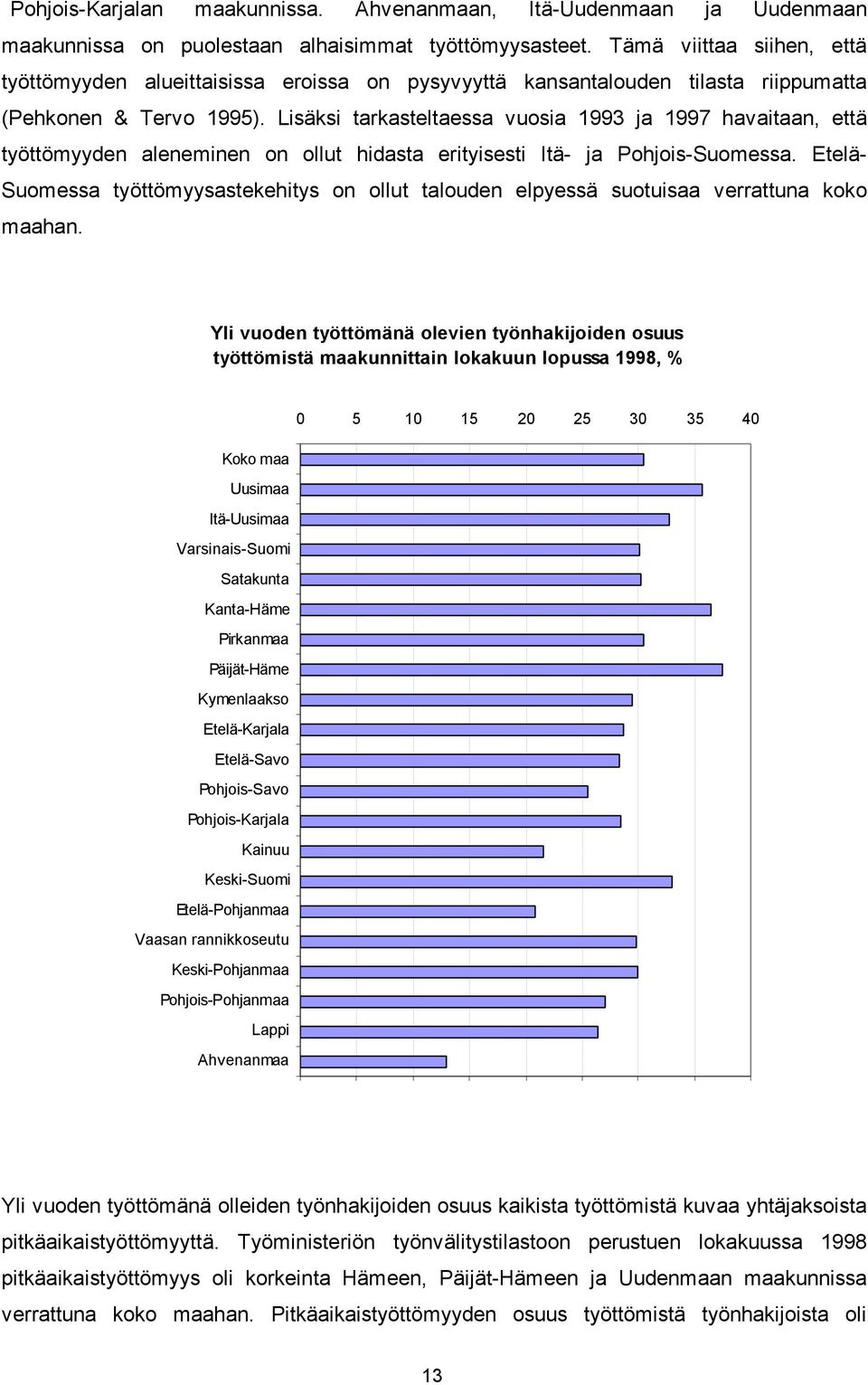 Lisäksi tarkasteltaessa vuosia 1993 ja 1997 havaitaan, että työttömyyden aleneminen on ollut hidasta erityisesti Itä- ja Pohjois-Suomessa.