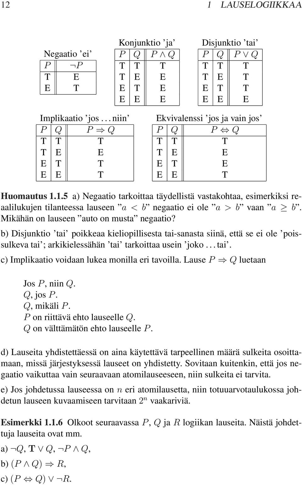 .5 a) Negaatio tarkoittaa täydellistä vastakohtaa, esimerkiksi reaalilukujen tilanteessa lauseen a < b negaatio ei ole a > b vaan a b. Mikähän on lauseen auto on musta negaatio?