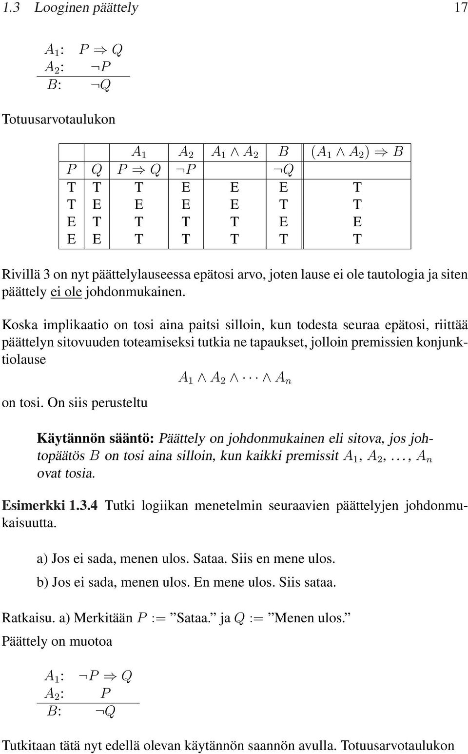 Koska implikaatio on tosi aina paitsi silloin, kun todesta seuraa epätosi, riittää päättelyn sitovuuden toteamiseksi tutkia ne tapaukset, jolloin premissien konjunktiolause A A A n on tosi.