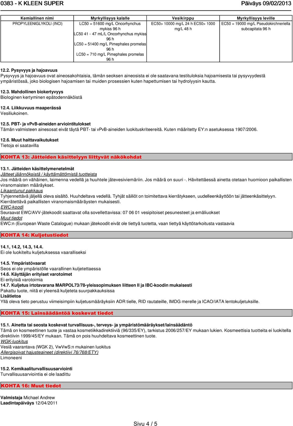 h EC50> 1000 mg/l 48 h EC50 = 19000 mg/l Pseudokirchneriella subcapitata 12.