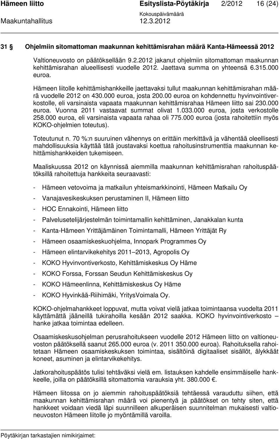 00 euroa on kohdennettu hyvinvointiverkostolle, eli varsinaista vapaata maakunnan kehittämisrahaa Hämeen liitto sai 230.000 euroa. Vuonna 2011 vastaavat summat olivat 1.033.