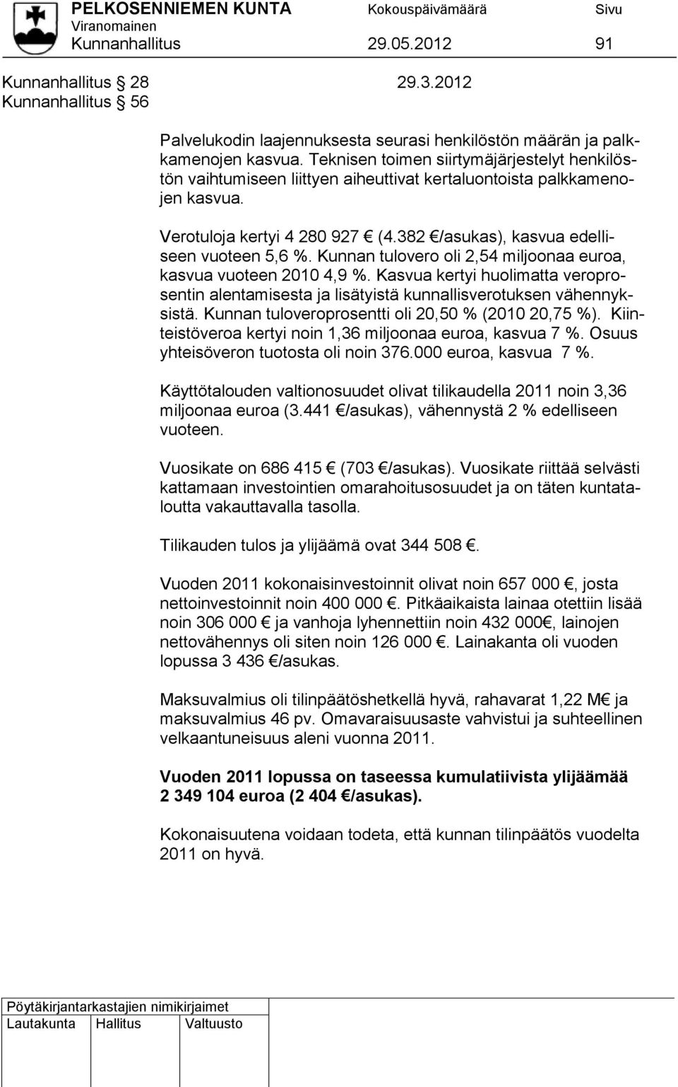 Kunnan tulovero oli 2,54 miljoonaa euroa, kasvua vuoteen 2010 4,9 %. Kasvua kertyi huolimatta veroprosentin alentamisesta ja lisätyistä kunnallisverotuksen vähennyksistä.