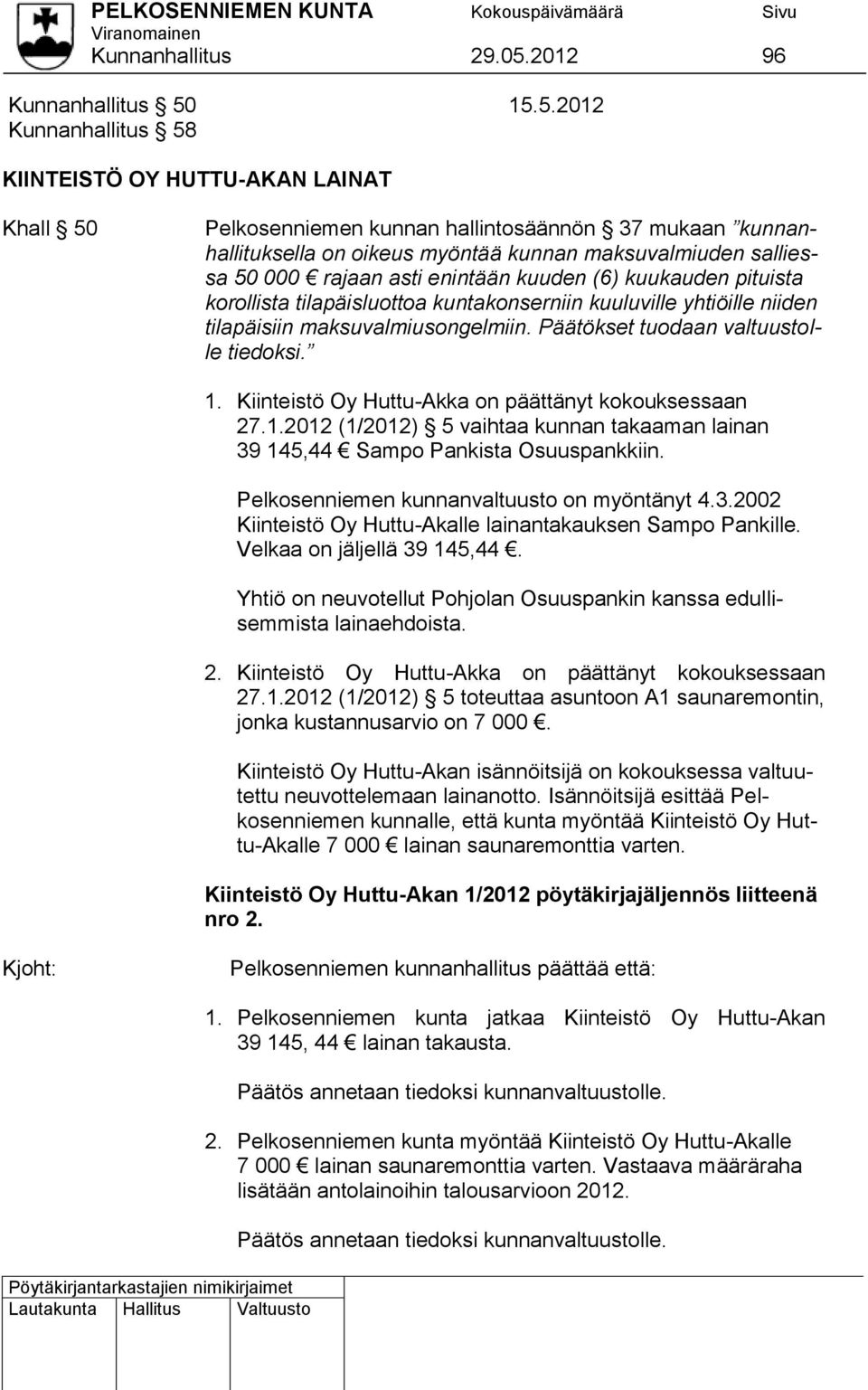 15.5.2012 Kunnanhallitus 58 KIINTEISTÖ OY HUTTU-AKAN LAINAT Khall 50 Pelkosenniemen kunnan hallintosäännön 37 mukaan kunnanhallituksella on oikeus myöntää kunnan maksuvalmiuden salliessa 50 000