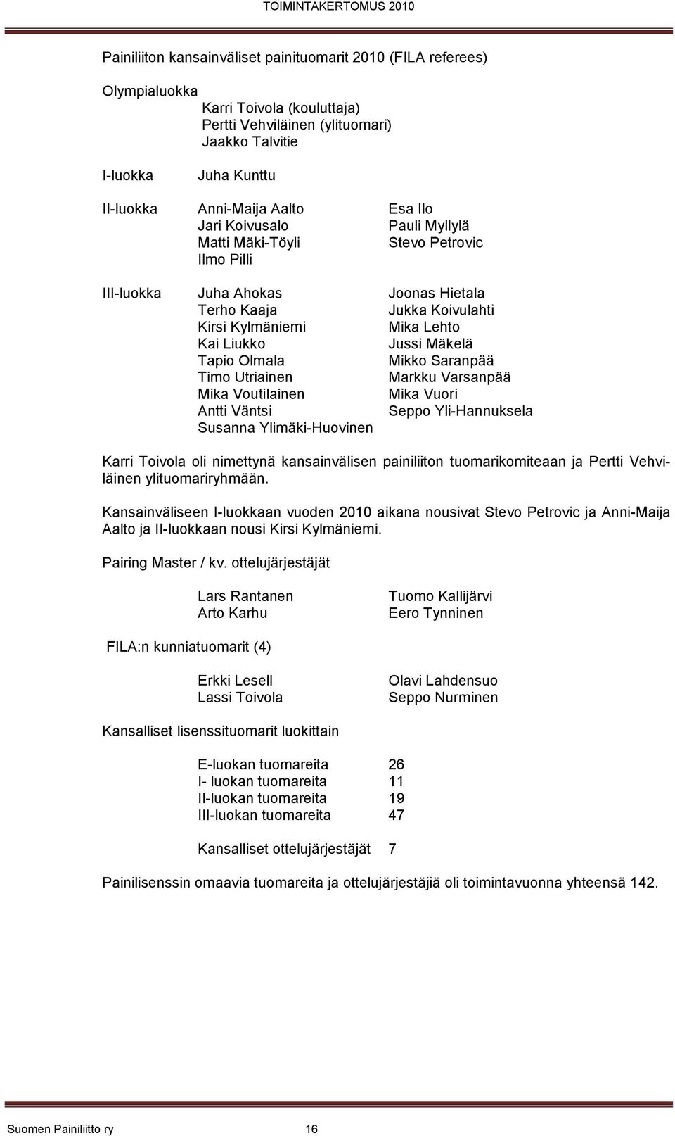 Tapio Olmala Mikko Saranpää Timo Utriainen Markku Varsanpää Mika Voutilainen Mika Vuori Antti Väntsi Seppo Yli-Hannuksela Susanna Ylimäki-Huovinen Karri Toivola oli nimettynä kansainvälisen