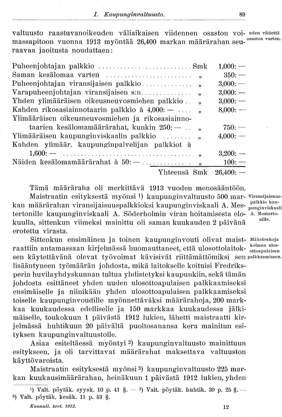 Puheenjohtajan palkkio Smk 1,000: Saman kesälomaa varten 350: Puheenjohtajan viransijaisen palkkio 3,000: Varapuheenjohtajan viransijaisen s:n 3,000: Yhden ylimääräisen oikeusneuvosmiehen palkkio.