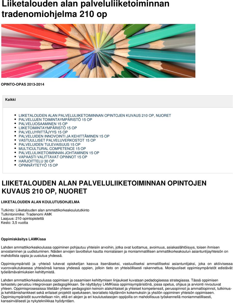MULTICULTURAL COMPETENCE 15 OP PALVELULIIKETOIMINNAN JOHTAMINEN 15 OP VAPAASTI VALITTAVAT OPINNOT 15 OP HARJOITTELU 30 OP OPINNÄYTETYÖ 15 OP LIIKETALOUDEN ALAN PALVELULIIKETOIMINNAN OPINTOJEN KUVAUS
