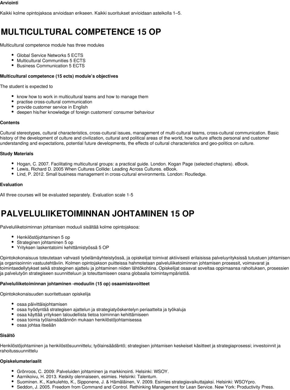 (15 ects) module s objectives The student is expected to Contents know how to work in multicultural teams and how to manage them practise cross-cultural communication provide customer service in