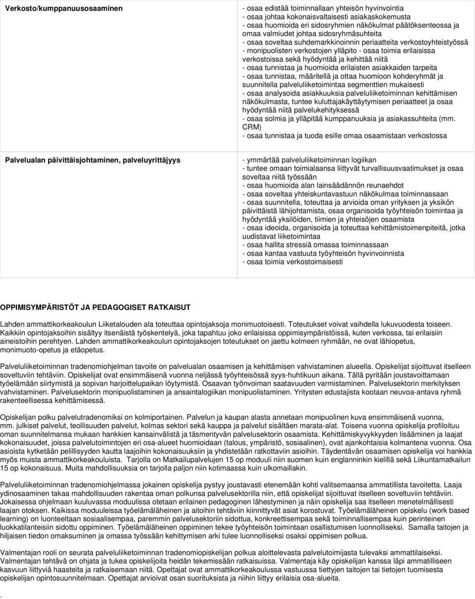 kehittää niitä - osaa tunnistaa ja huomioida erilaisten asiakkaiden tarpeita - osaa tunnistaa, määritellä ja ottaa huomioon kohderyhmät ja suunnitella palveluliiketoimintaa segmenttien mukaisesti -