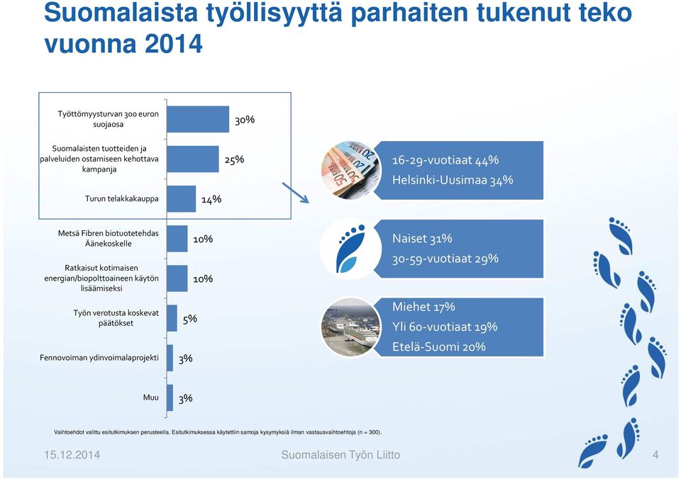 käytön lisäämiseksi Työn verotusta koskevat päätökset Fennovoiman ydinvoimalaprojekti 10% 10% Naiset 3 30-59-vuotiaat 29% Miehet 17% Yli 60-vuotiaat 19% Etelä-Suomi