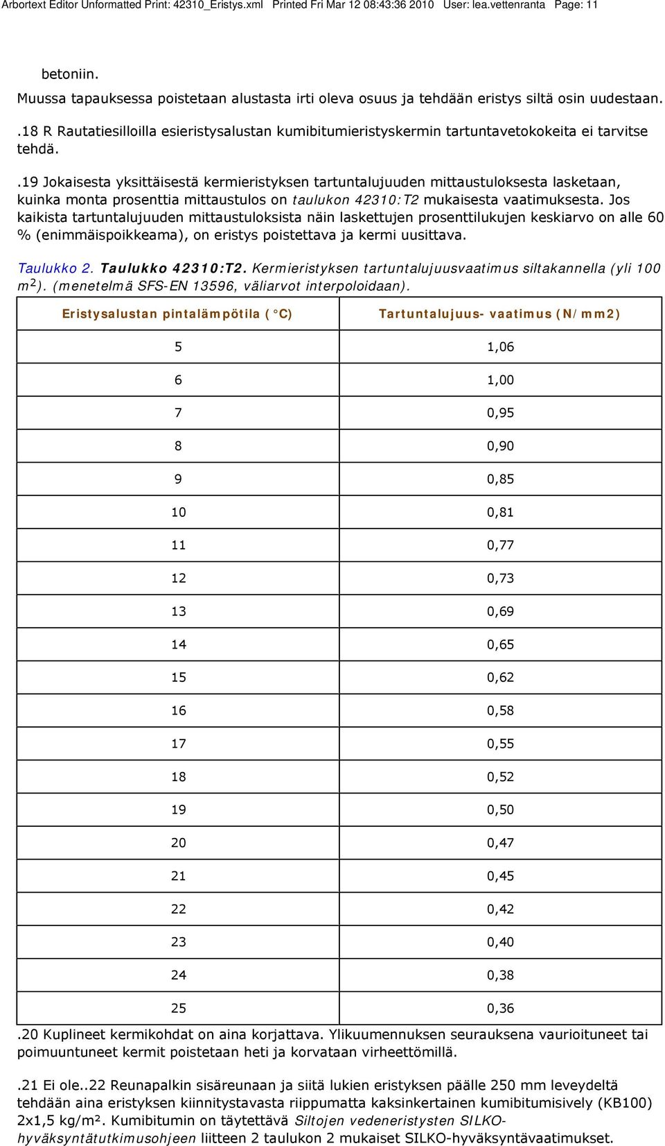 .19 Jokaisesta yksittäisestä kermieristyksen tartuntalujuuden mittaustuloksesta lasketaan, kuinka monta prosenttia mittaustulos on taulukon 42310:T2 mukaisesta vaatimuksesta.