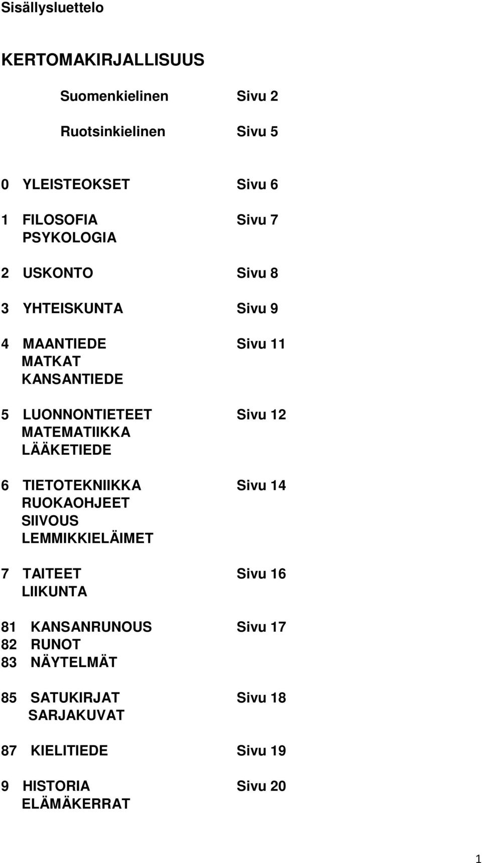 MATEMATIIKKA LÄÄKETIEDE 6 TIETOTEKNIIKKA Sivu 14 RUOKAOHJEET SIIVOUS LEMMIKKIELÄIMET 7 TAITEET Sivu 16 LIIKUNTA 81