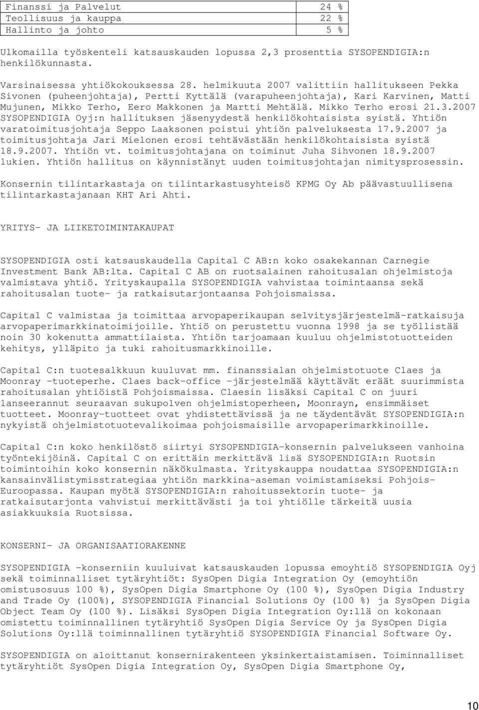 Mikko Terho erosi 21.3.2007 SYSOPENDIGIA Oyj:n hallituksen jäsenyydestä henkilökohtaisista syistä. Yhtiön varatoimitusjohtaja Seppo Laaksonen poistui yhtiön palveluksesta 17.9.