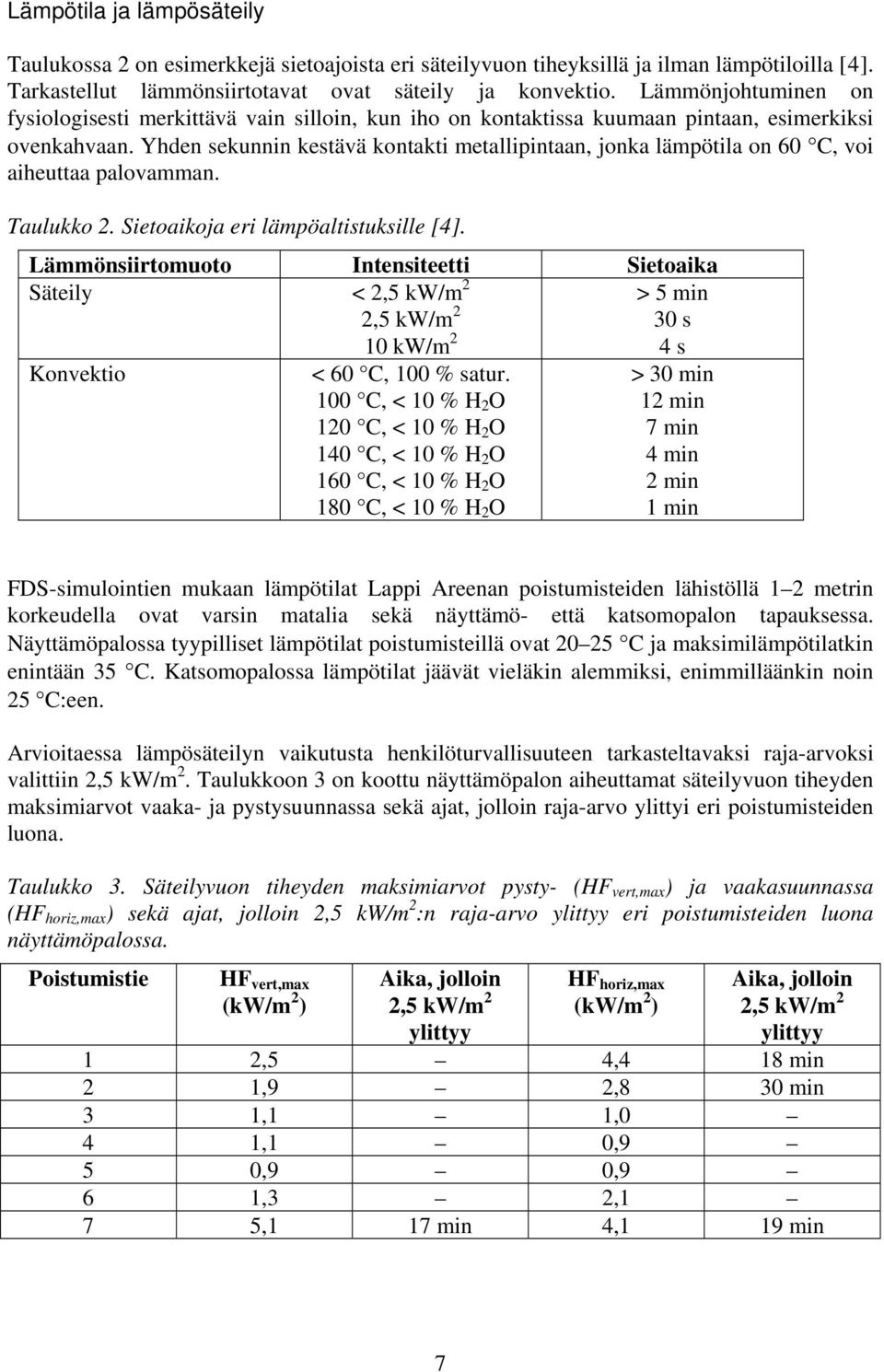 Yhden sekunnin kestävä kontakti metallipintaan, jonka lämpötila on 60 C, voi aiheuttaa palovamman. Taulukko 2. Sietoaikoja eri lämpöaltistuksille [4].