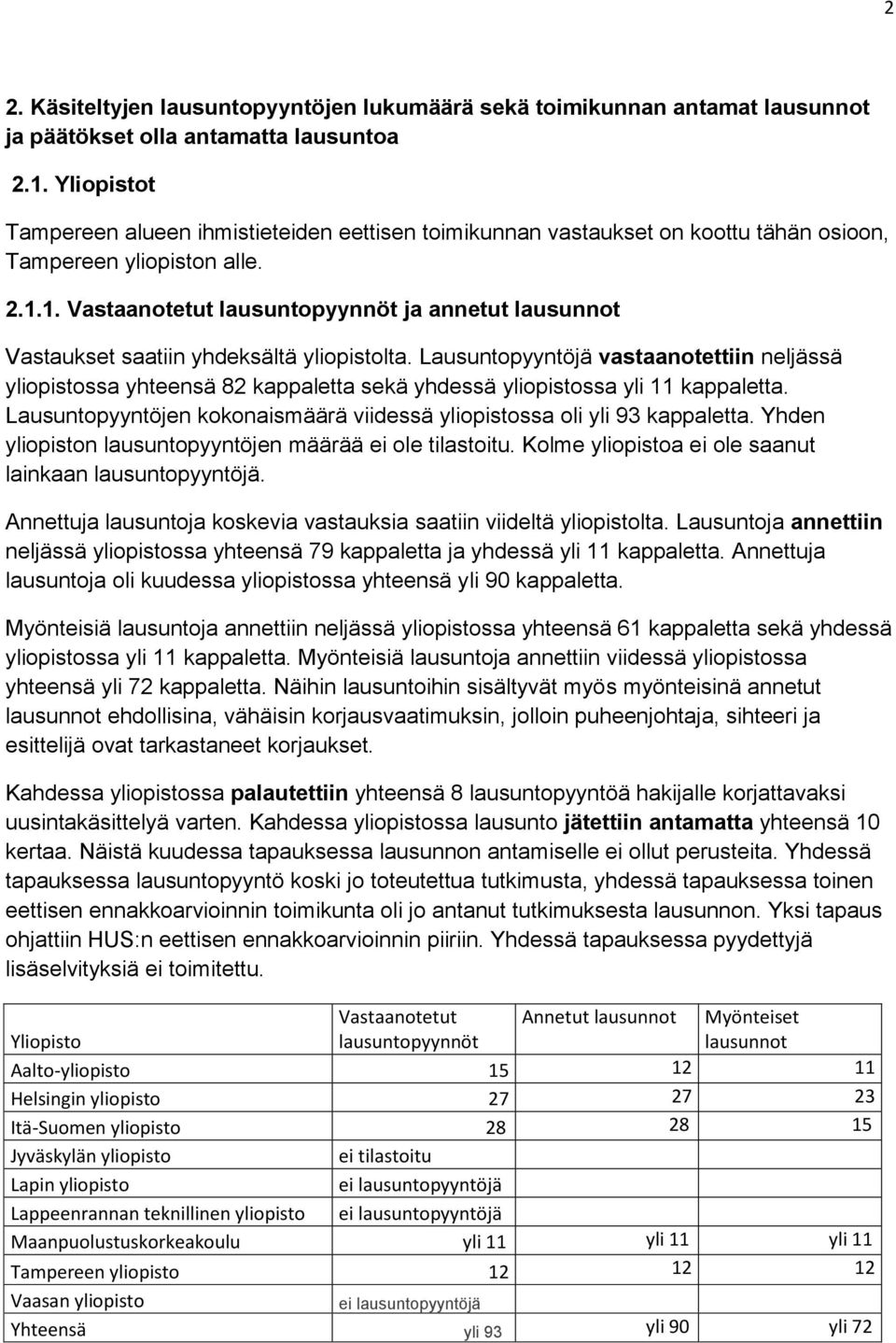 1. Vastaanotetut lausuntopyynnöt ja annetut lausunnot Vastaukset saatiin yhdeksältä yliopistolta.