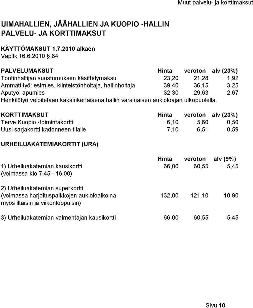 32,30 29,63 2,67 Henkilötyö veloitetaan kaksinkertaisena hallin varsinaisen aukioloajan ulkopuolella.