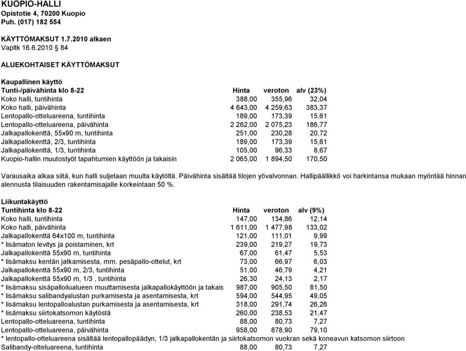 Lentopallo-otteluareena, tuntihinta 189,00 173,39 15,61 Lentopallo-otteluareena, päivähinta 2 262,00 2 075,23 186,77 Jalkapallokenttä, 55x90 m, tuntihinta 251,00 230,28 20,72 Jalkapallokenttä, 2/3,