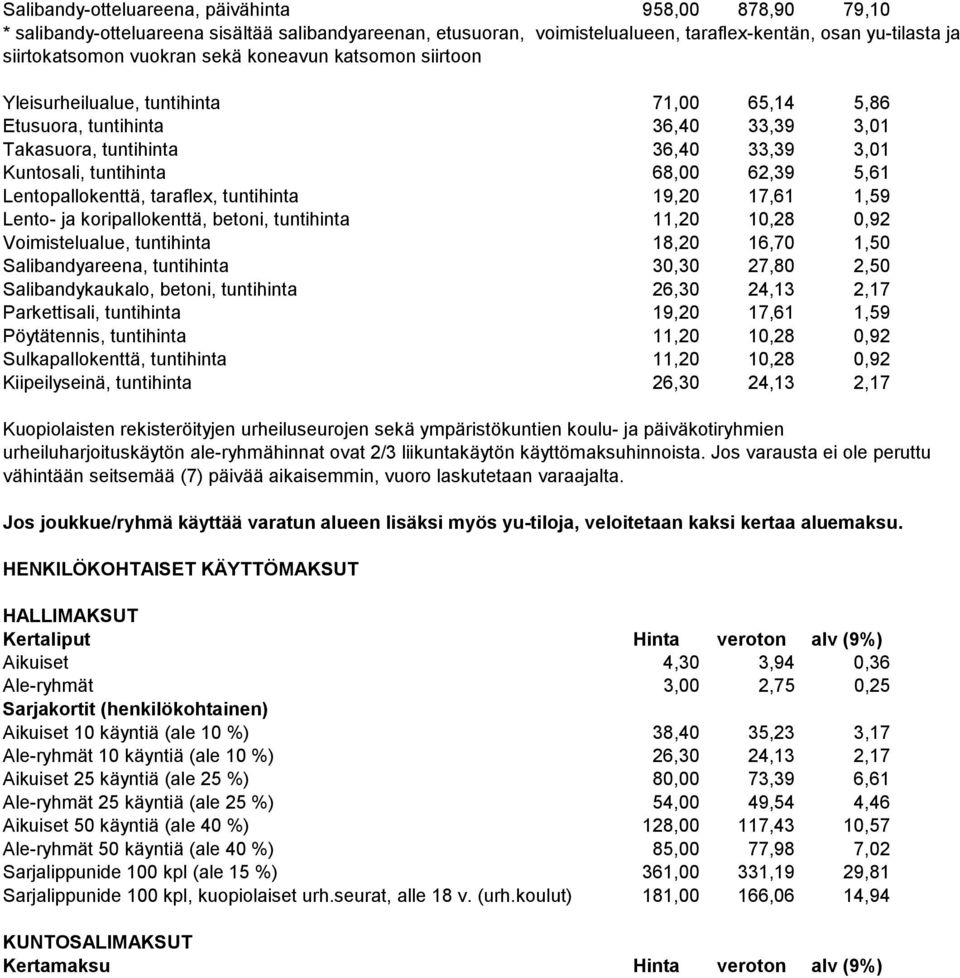 Lentopallokenttä, taraflex, tuntihinta 19,20 17,61 1,59 Lento- ja koripallokenttä, betoni, tuntihinta 11,20 10,28 0,92 Voimistelualue, tuntihinta 18,20 16,70 1,50 Salibandyareena, tuntihinta 30,30